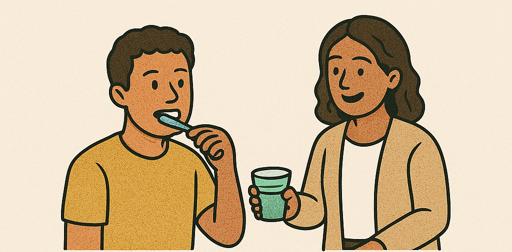 OT working with patient brushing teeth, and handing patient a cup of water.