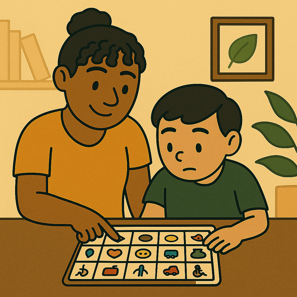 Child using a low-tech AAC communication board with caregiver