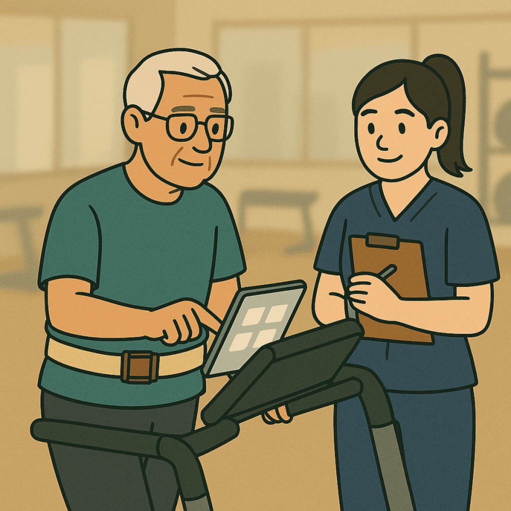 PT guiding patient on treadmill while doing cognitive task (dual-task training with patient)