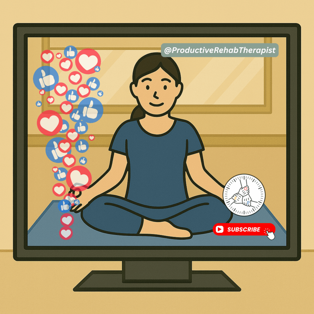 Physical therapist assistant leading a virtual yoga class, seated cross-legged in front of a studio mirror, displayed on a large TV screen.