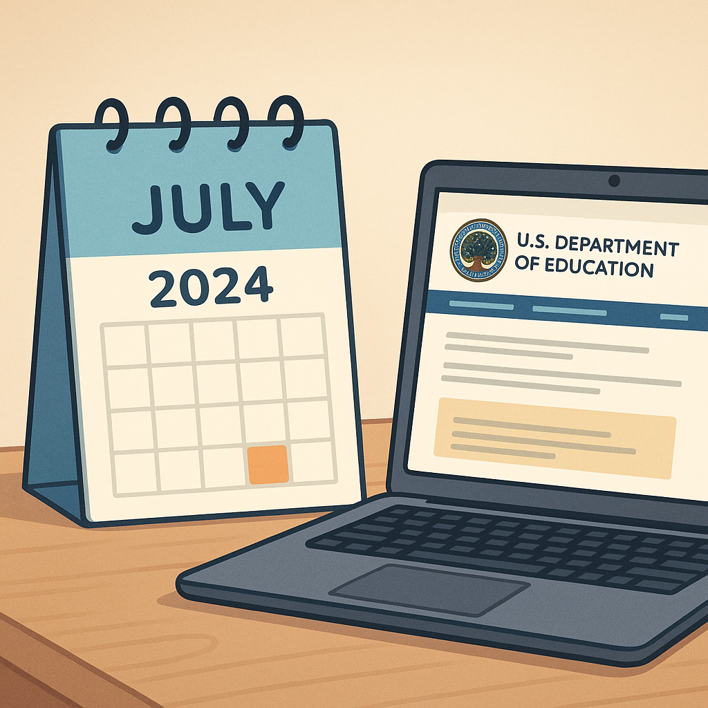 Calendar highlighting July 2024 beside a laptop displaying the U.S. Department of Education announcement.