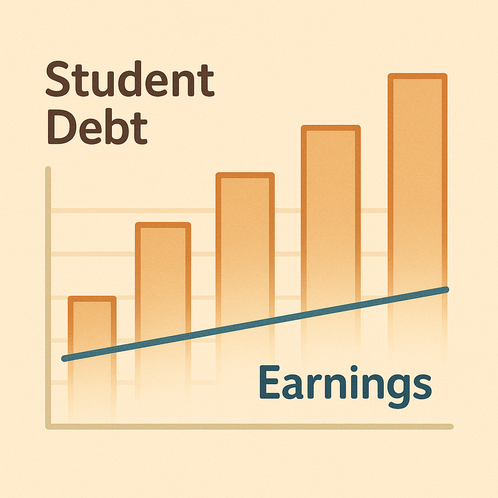 Visual representation of rising healthcare student debt compared to stable income levels.