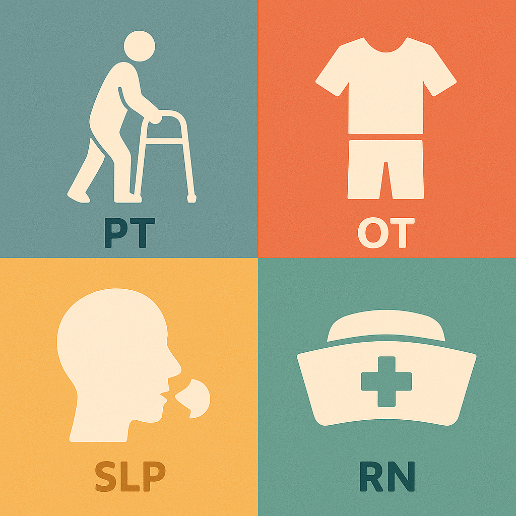Icons representing PT, OT, SLP, and nursing to show which professions are impacted by federal classification changes.