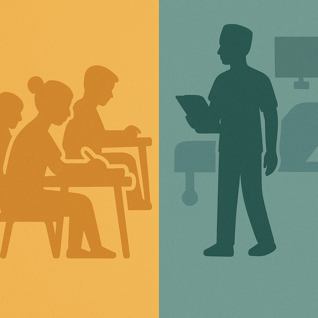Side-by-side silhouettes of healthcare students and a working clinician to show the difference in who is affected.