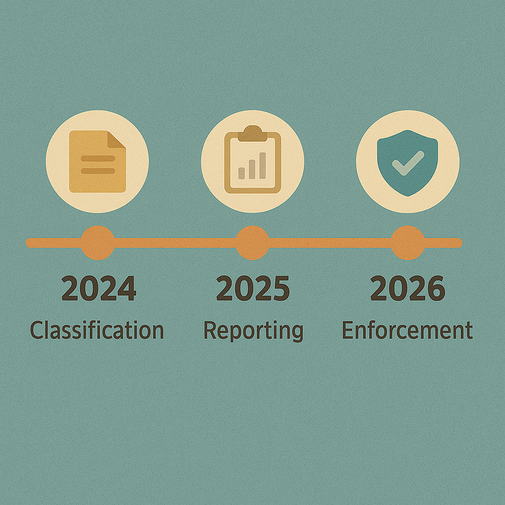 Timeline graphic showing implementation phases from classification to reporting to enforcement between 2024 and 2026.