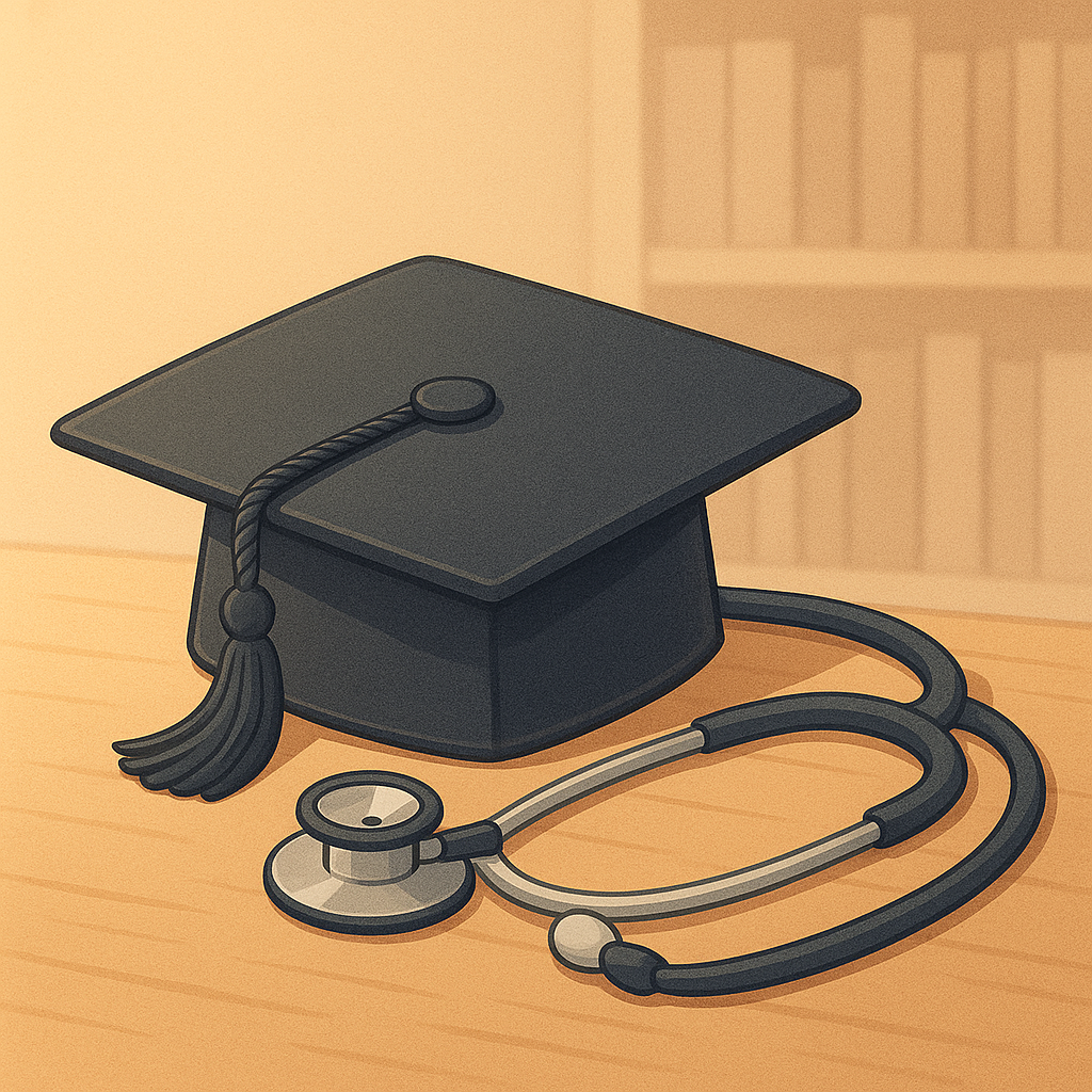 Graduation cap and stethoscope resting on a wooden table with a softly blurred bookshelf in the background.