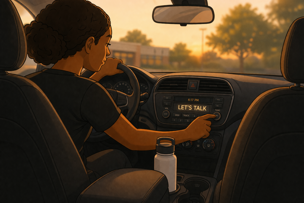 Occupational therapist sitting in car adjusting radio with “LET’S TALK” on display during calm evening moment

