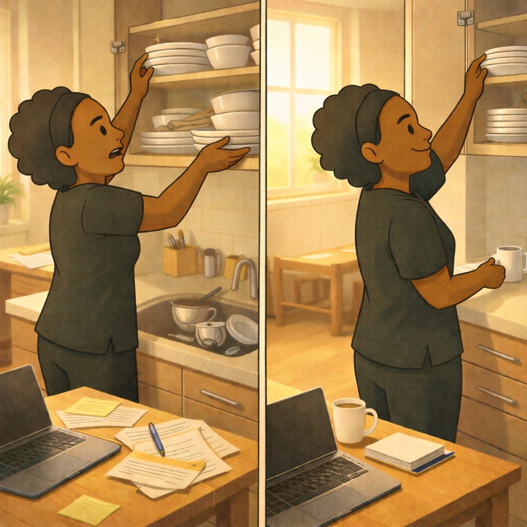 Split scene of occupational therapy assistant in messy versus organized kitchen environment showing workflow differences. Goal is to display organization tips for OT.