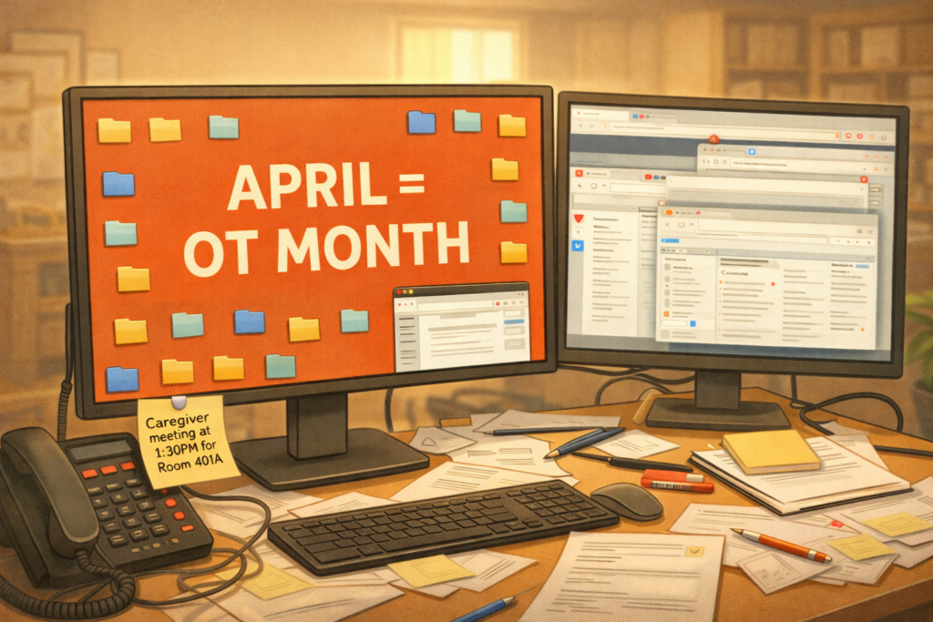 Cluttered occupational therapy workspace with multiple screens, folders, and notifications showing mental overload
