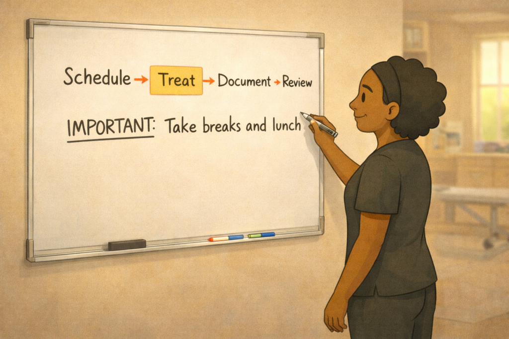 Occupational therapist writing a structured daily workflow on a whiteboard in a clean clinical setting. OT organization tips daily workflow.
