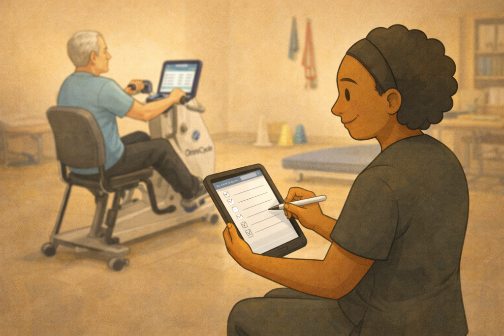 Occupational therapist documenting on a tablet while patient uses an arm bike during therapy session. Goal: show point-of-service documentation OT