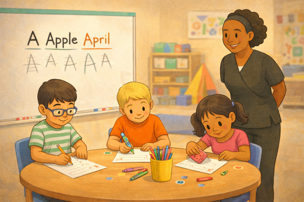 Occupational therapist leading a small group handwriting session with children in a colorful classroom setting
