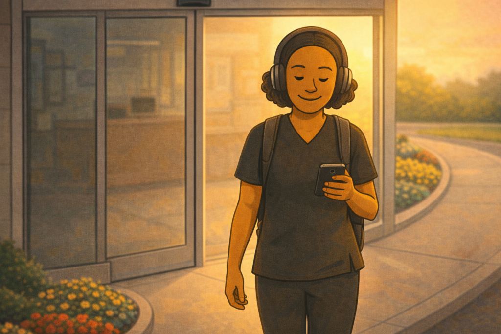 Occupational therapist walking out of automatic doors looking at phone with headphones on at end of workday
