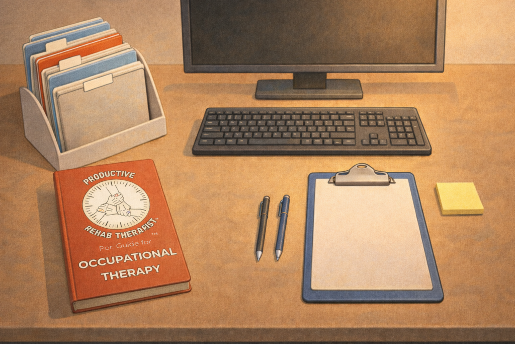 Organized occupational therapy desk with folder stand, clipboard, pens, sticky notes, and occupational therapy pocket guide. Therapy organization tips documentation setup
