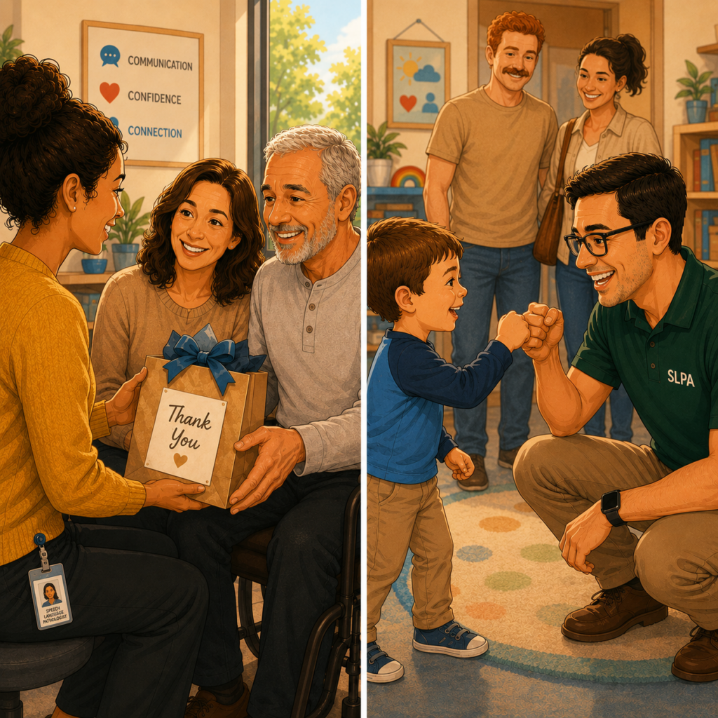 Speech therapy patients and families thanking speech therapists and SLPAs for life-changing rehabilitation support
