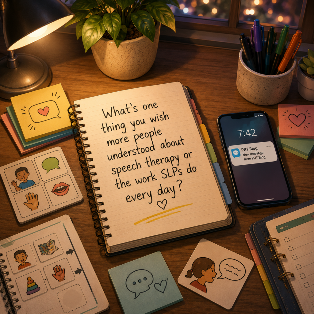 Speech therapy discussion prompt with notebook, AAC communication cards, and PRT Blog message notification
