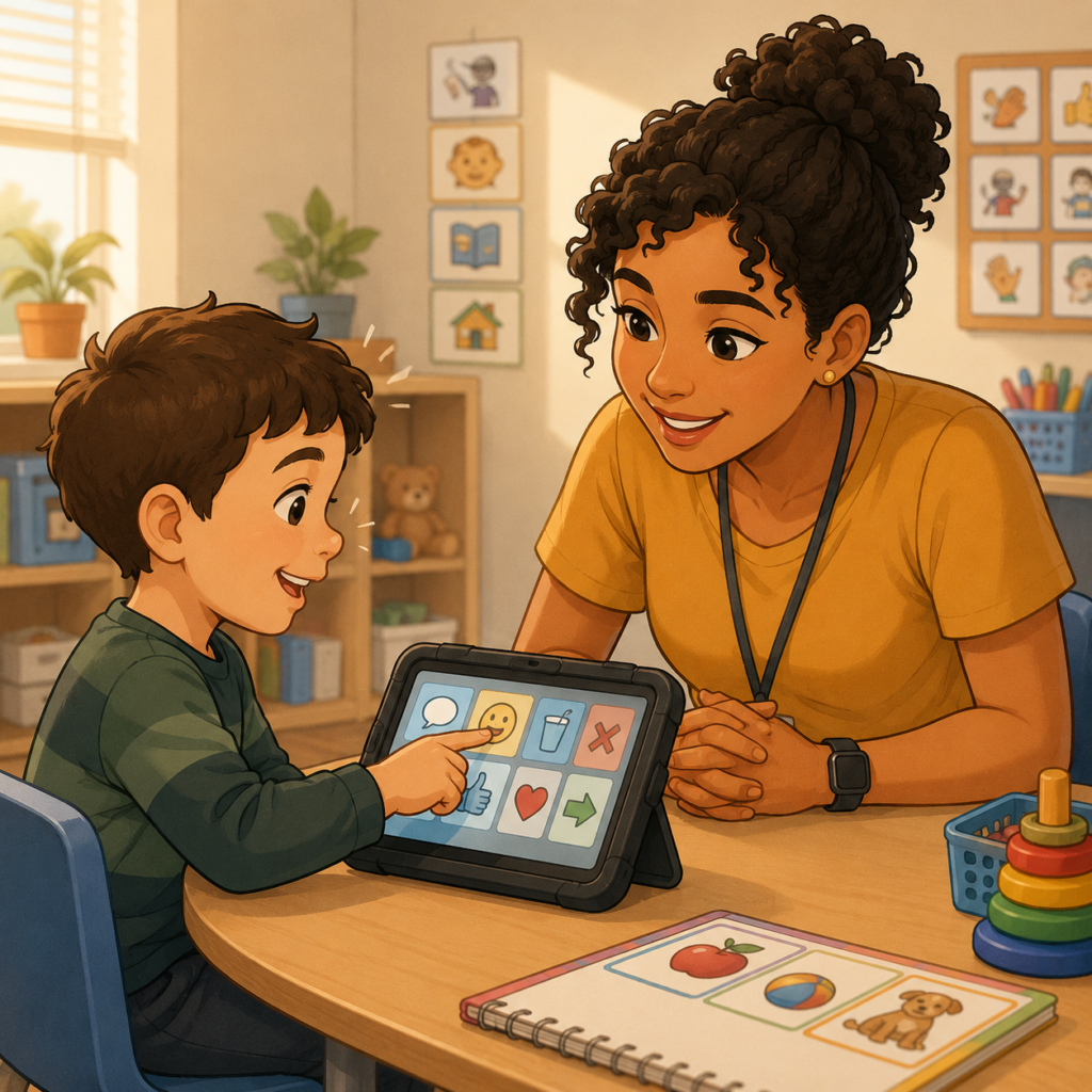 Speech therapist helping child communicate during speech therapy session