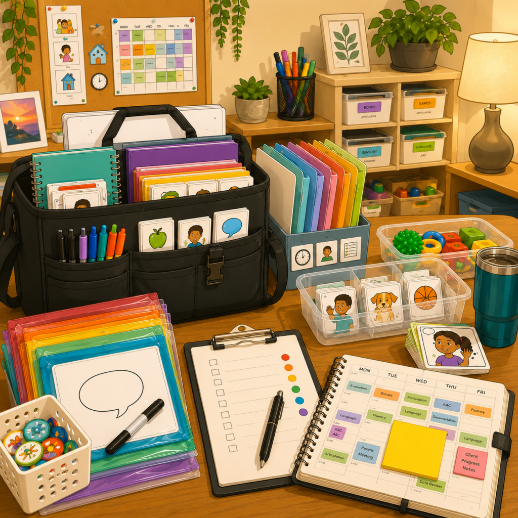Organized speech therapy materials and therapy tote bag for productivity