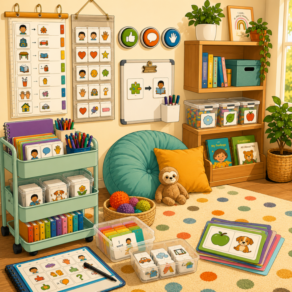 AAC communication tools and visual schedule cards used in pediatric speech therapy